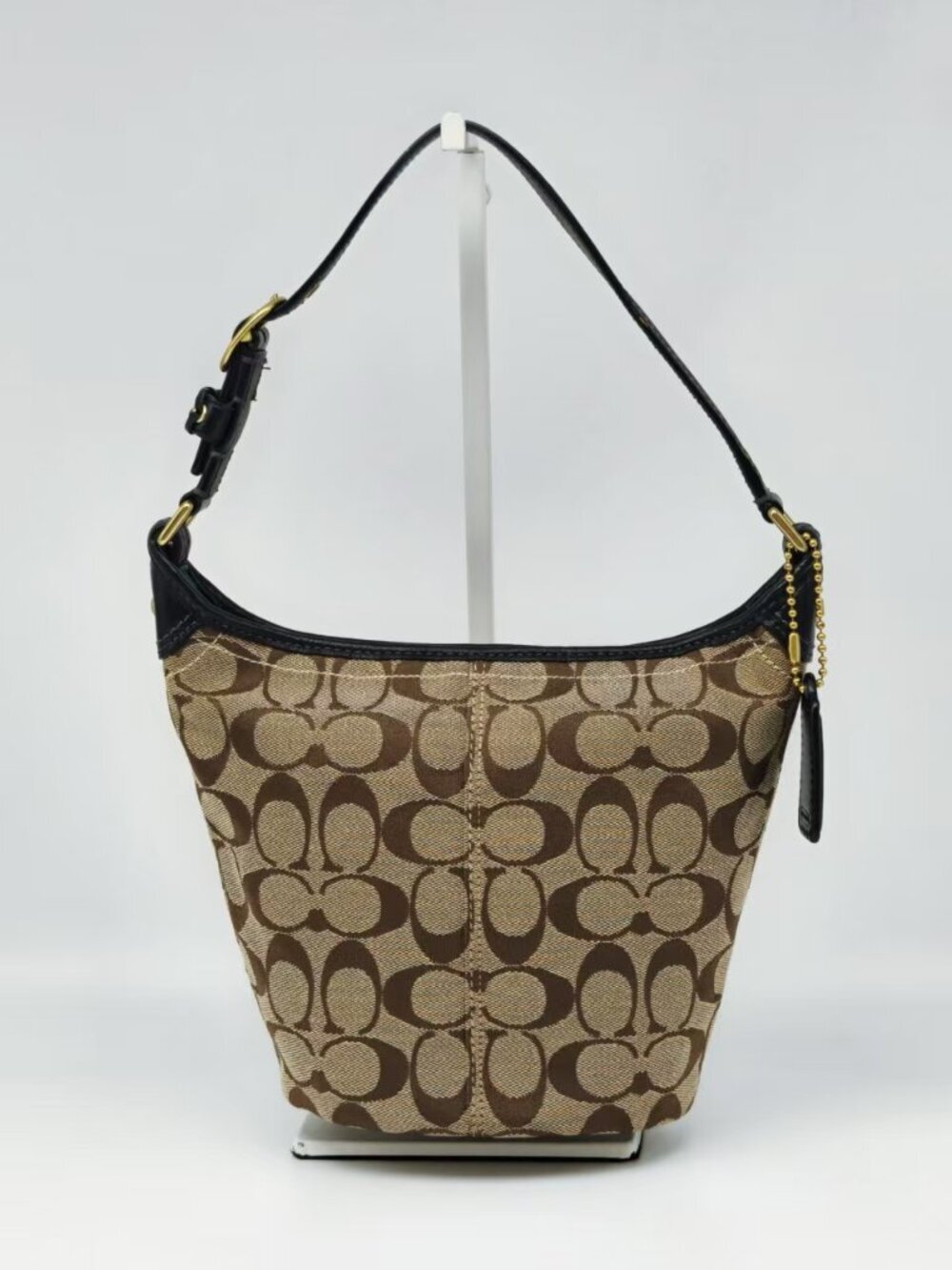 Coach Signature Canvas Shoulder Bag Brown Black Jacquard Zip Hobo Purse